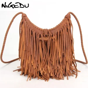 Handwoven Fringe Half Moon Crossbody Bag - Vintage Festival & Everyday Bohemian Style