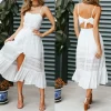 Date Night Strappy Lace Midi Dress with Button Detail – Beach Escape & Summer Romance