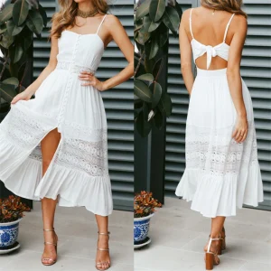 Date Night Strappy Lace Midi Dress with Button Detail - Beach Escape & Summer Romance