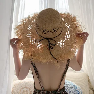 Natural Raffia Floppy Sun Hat with Ribbon Trim - Beach Vacation & Resort Ready