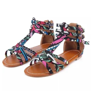 Boho Floral Gladiator Sandals - Cross-Tied Ankle Strap - Festival & Beach Ready