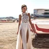 Boho Beach Wedding Dress with Halter Lace Bodice & High Side Slit – Bridal Shower & Destination Wedding Ready
