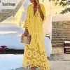 Boho Hollow Out Maxi Dress – Deep V-Neck & Tassel Tie – Resort & Summer Style