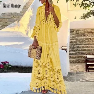 Boho Hollow Out Maxi Dress - Deep V-Neck & Tassel Tie - Resort & Summer Style
