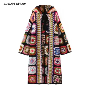 Boho Crochet Hooded Cardigan - Plaid Floral Detail - Beach & Resort Layer