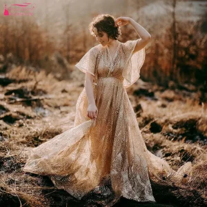 Boho Bridal Gown - Gold Sparkle Lace - Wedding Ceremony