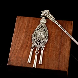Vintage Tibetan Silver Tassel Hair Stick with Carved Floral Detail for Bohemian Weddings & Festivals