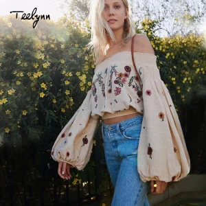 Boho Off Shoulder Linen Cotton Blouse with Floral Embroidery and Lantern Sleeves - Vacation & Festival Romance