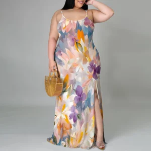Plus Size Floral Maxi Dress - Spaghetti Strap - Beach & Holiday Ready