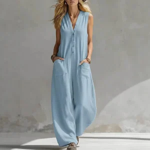 Boho Wide Leg Knit Jumpsuit - V Neck Button Front Summer Essential