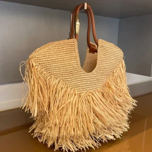 Boho Fringe Straw Woven Tote Bag - Summer Vacation & Everyday Style Ready