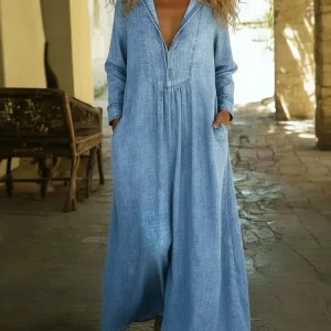 Soft Denim Maxi Dress with V-Neck & Pockets - Easy Travel Boho
