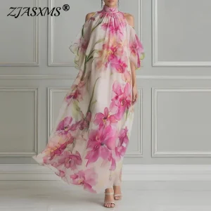 Boho Floral Halter Maxi Dress with Flutter Sleeves - Beach Vacation & Garden Party Ready