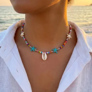Bohemian Rice Bead Starfish Pendant Necklace for Beach Style
