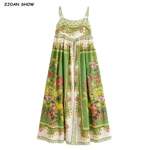 Boho Babydoll Dress - Green Floral Bow Tie Midi Dress for Beach Escapes