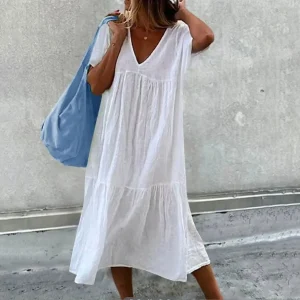 Relaxed A-Line Midi Dress with Batwing Sleeves for Summer Vacations