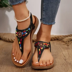 Flat Leather Gladiator Sandals – Mixed Color Clip-Toe – Beach & Vacation Boho Style