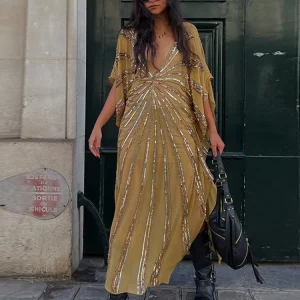 Starlit Sequin Chiffon Kaftan Maxi Dress - Resort Party & Evening Boho Style