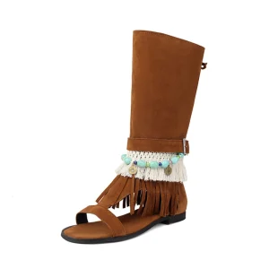 Boho Fringe Mid-Calf Gladiator Boots- Beaded Tassel Detail Summer Festival Footwear