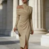 Boho High Neck Ruched Midi Dress – Party & Evening Ready
