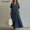 Retro Cotton Linen Maxi Dress with Draped V-Neck for Spring Summer