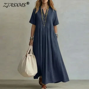 Retro Cotton Linen Maxi Dress with Draped V-Neck for Spring Summer