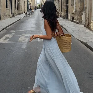 Blue Pleated Halter Maxi Dress - Beach Vacation & Evening Ready