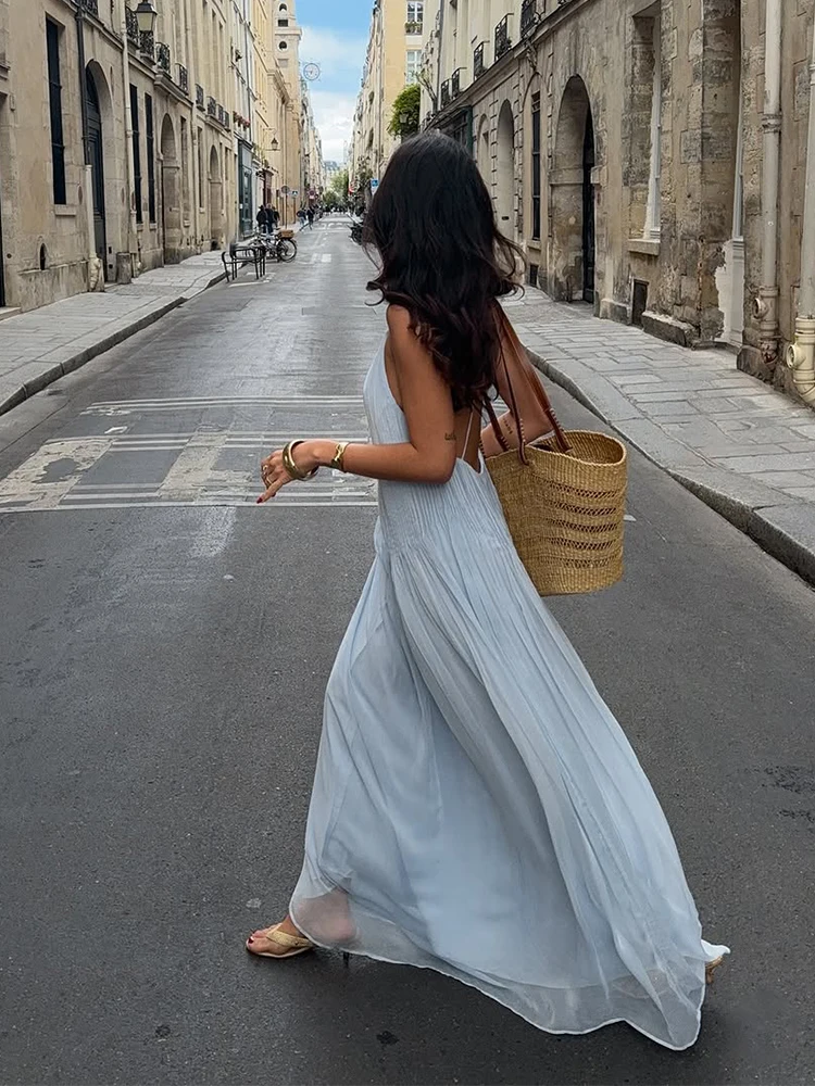 Blue Pleated Halter Maxi Dress - Beach Vacation & Evening Ready