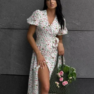Cotton Floral Jacquard Midi Dress - A-Line Silhouette - Summer Wedding & Resort Ready