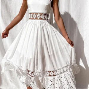 White Hollow Out Lace Midi Dress - Summer Party & Evening Style