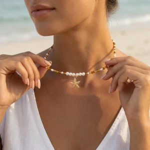 Boho Pearl Starfish Pendant Necklace - Handmade Beach Party Jewelry