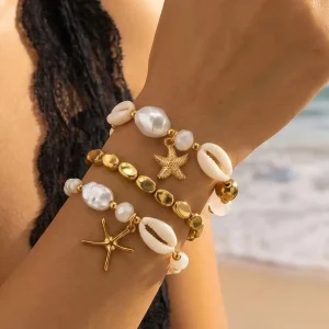 Shell & Pearl Stacked Bracelets - Beach Vacation Bohemian Style