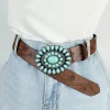 Western Turquoise Buckle Leather Belt with Embossed Detail – Boho Dress & Americana Styling Essential