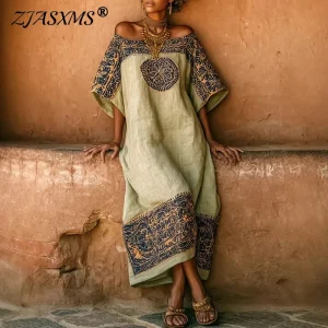 Boho Geometric Maxi Dress - Off Shoulder Hollow Out Beach Vacation
