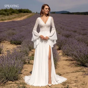Boho V Neck Chiffon Wedding Dress with Flare Sleeves & Lace Back - Beach Bridal Elegance
