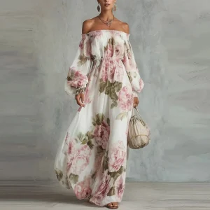 Sky to Moon Chiffon Off Shoulder Maxi Dress - Vacation & Wedding Guest Boho Romance