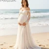 Boho Maternity Wedding Dress with Off-Shoulder Sweetheart Neckline & Tiered Tulle – Beach Bridal & Baby Shower Ready