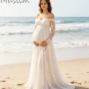 Boho Maternity Wedding Dress with Off-Shoulder Sweetheart Neckline & Tiered Tulle - Beach Bridal & Baby Shower Ready