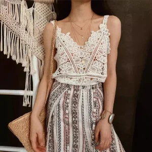 Crochet Lace Vest Top with V-Neck Detail - Beach Holiday & Everyday Boho Layering Essential