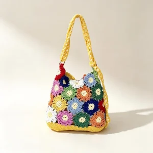 Handmade Floral Crochet Woven Tote Bag - Beach Vacation & Everyday Market Ready (Ivory Floral)