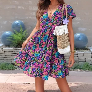 Boho Floral Mini Dress with A-Line Silhouette - Beach & Brunch Ready