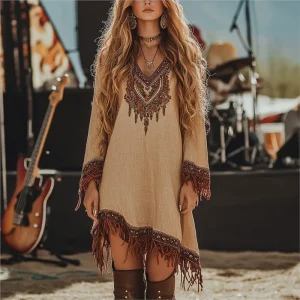 Bohemian Printed Tassel Dress - Loose Jersey Silhouette
