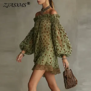 Boho Off Shoulder Mini Dress - Polka Dot Mesh Ruffles - Summer Party Ready