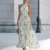 Boho Floral Halter Maxi Dress – Waist Swing Silhouette – Summer Holiday Ready