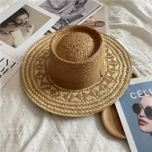 Boho Woven Straw Sun Hat with Ethnic Texture - Beach Vacation & Travel Essential