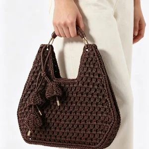 Handmade Hollow-Out Woven Tote Bag with Metal Handle - Beach Vacation & Resort Ready