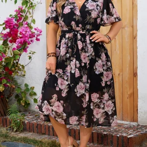 Plus Size Floral Surplice Midi Dress with Butterfly Sleeves - Holiday & Summer Boho