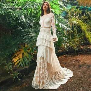 Boho Lace Puff Sleeve Wedding Dress - Tiered Embroidery Chapel Train
