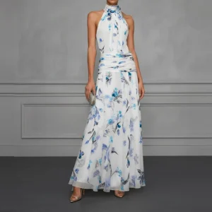 Boho Halter Floral Pleated Maxi Dress with Draped Detail - Vacation & Resort Ready