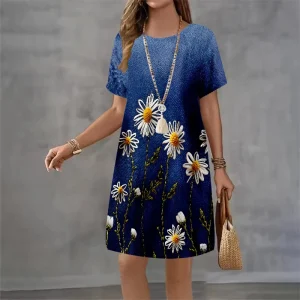 Vintage Floral Print A-Line Dress - Casual Knee-Length Denim Look